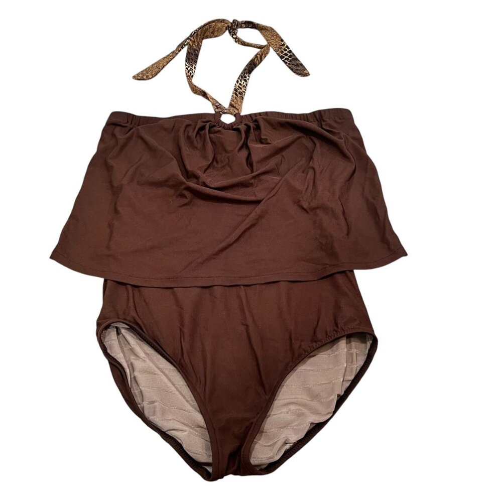Brown Halter Top Skirted Swimsuit 14 With Padded Cups & Elastic Waist Vintage